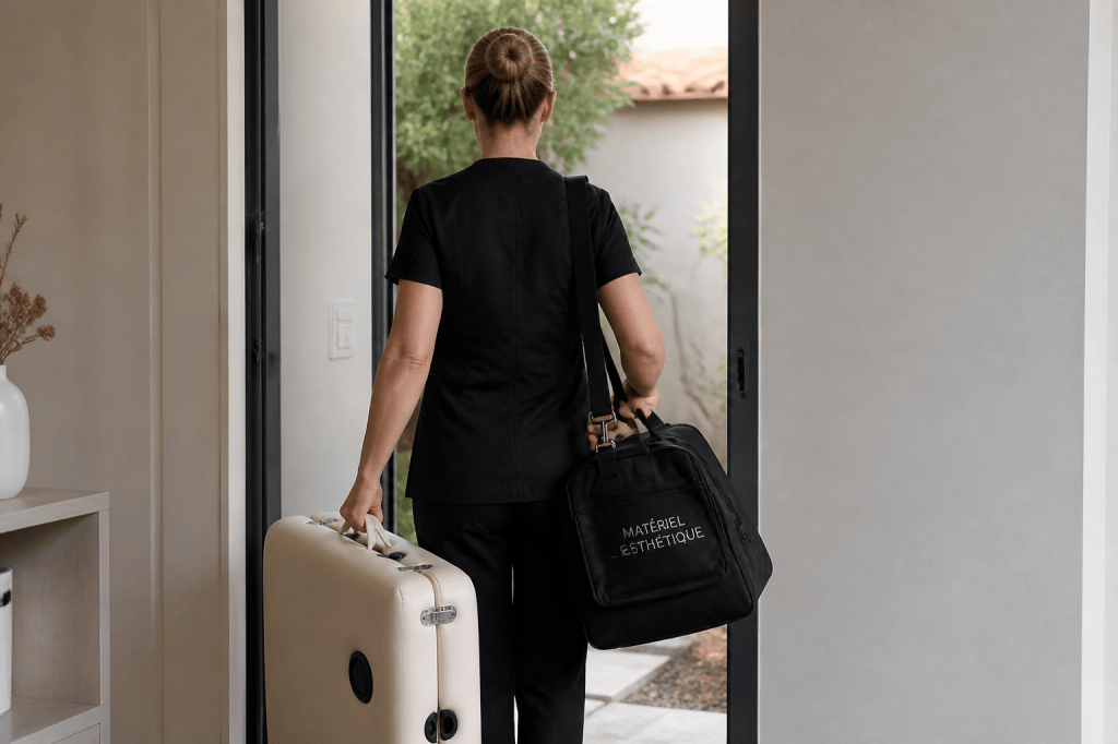Esthéticienne de dos transportant table et sac de soins